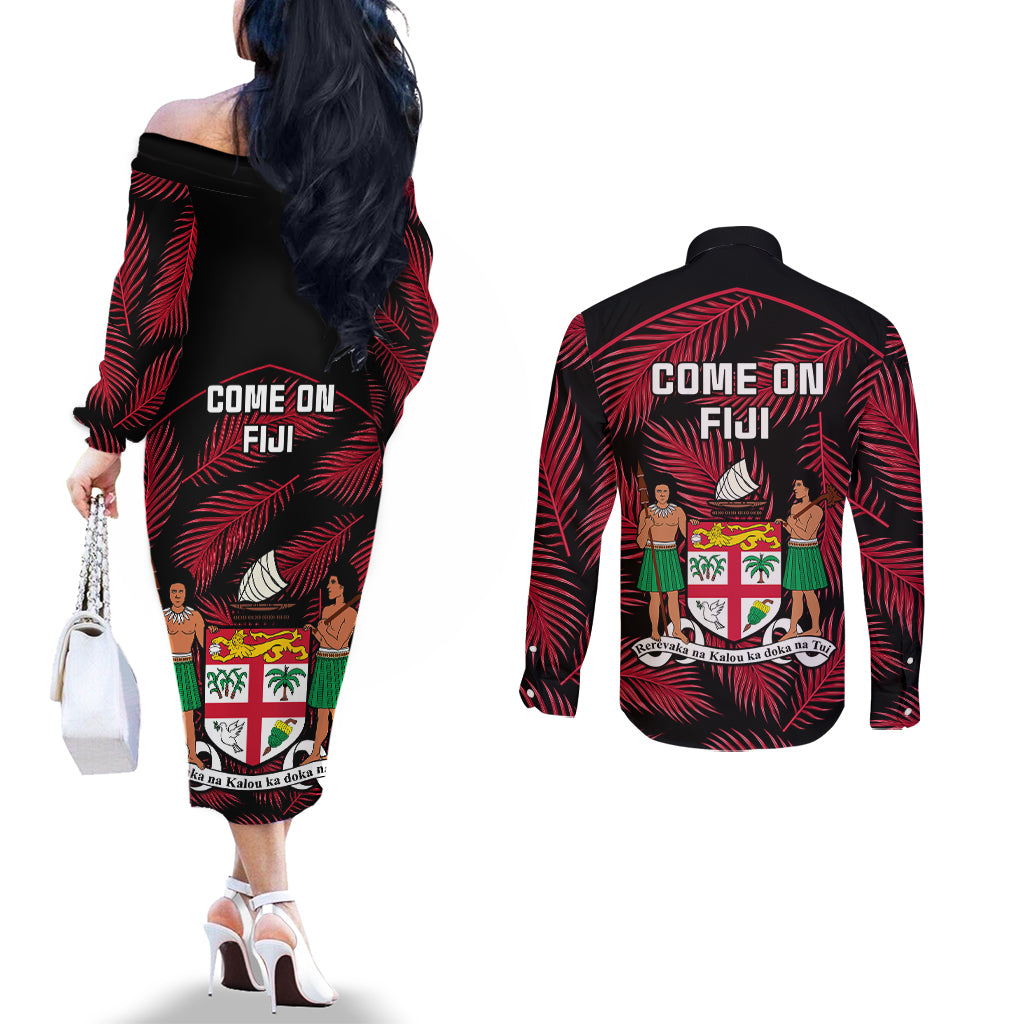 fiji-rugby-couples-matching-off-the-shoulder-long-sleeve-dress-and-long-sleeve-button-shirts-flying-fijians-red-palm-tree-version