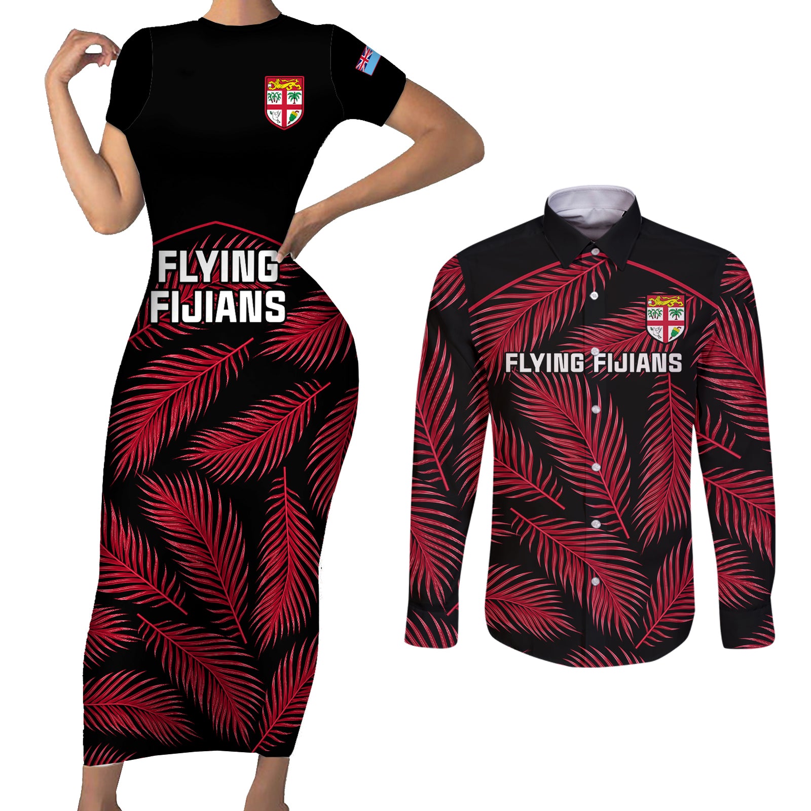fiji-rugby-couples-matching-short-sleeve-bodycon-dress-and-long-sleeve-button-shirts-flying-fijians-red-palm-tree-version