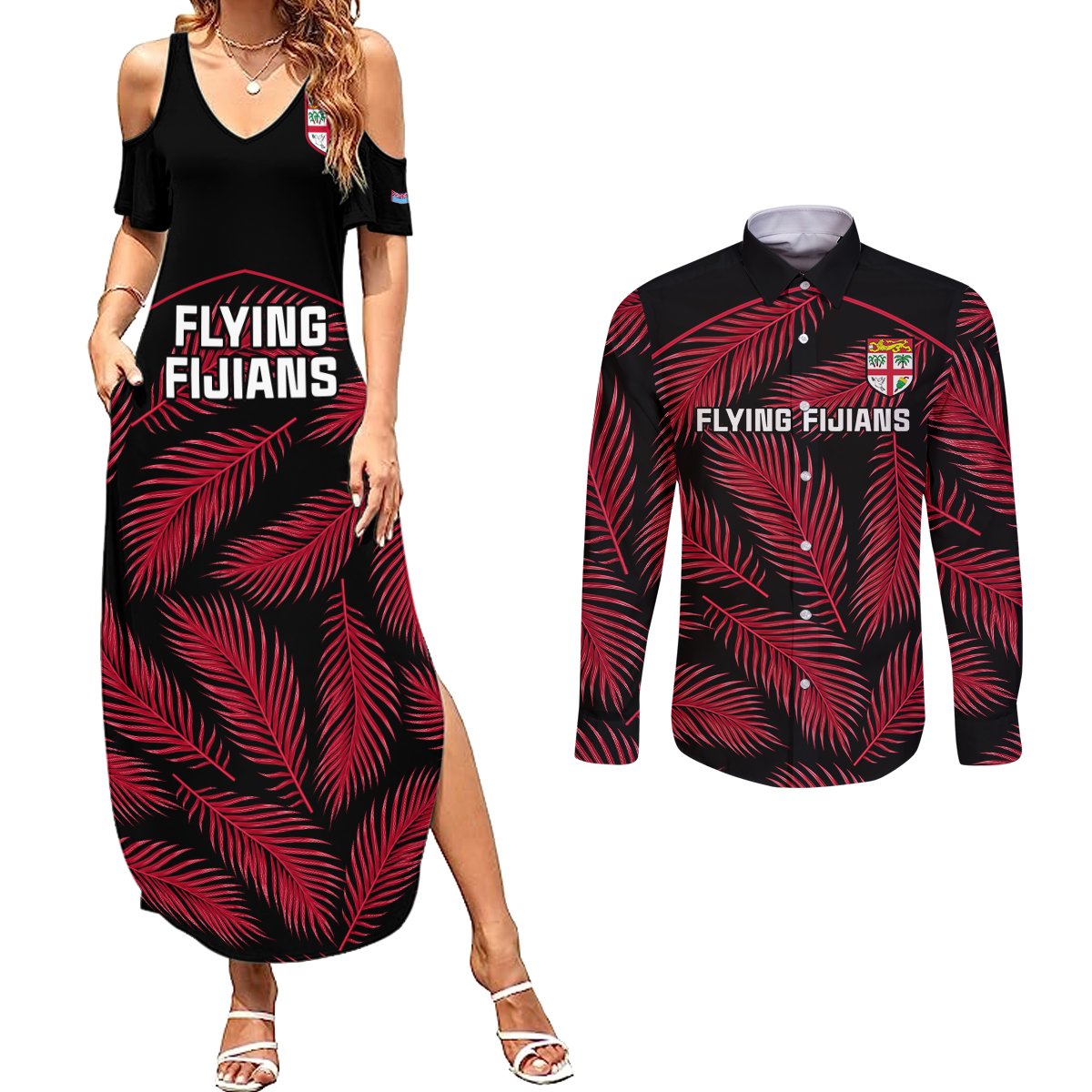 fiji-rugby-couples-matching-summer-maxi-dress-and-long-sleeve-button-shirts-flying-fijians-red-palm-tree-version