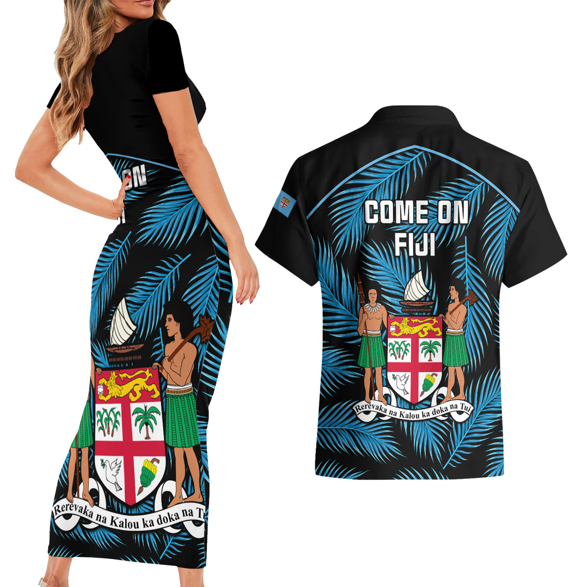 fiji-rugby-couples-matching-short-sleeve-bodycon-dress-and-hawaiian-shirt-flying-fijians-blue-palm-tree-version