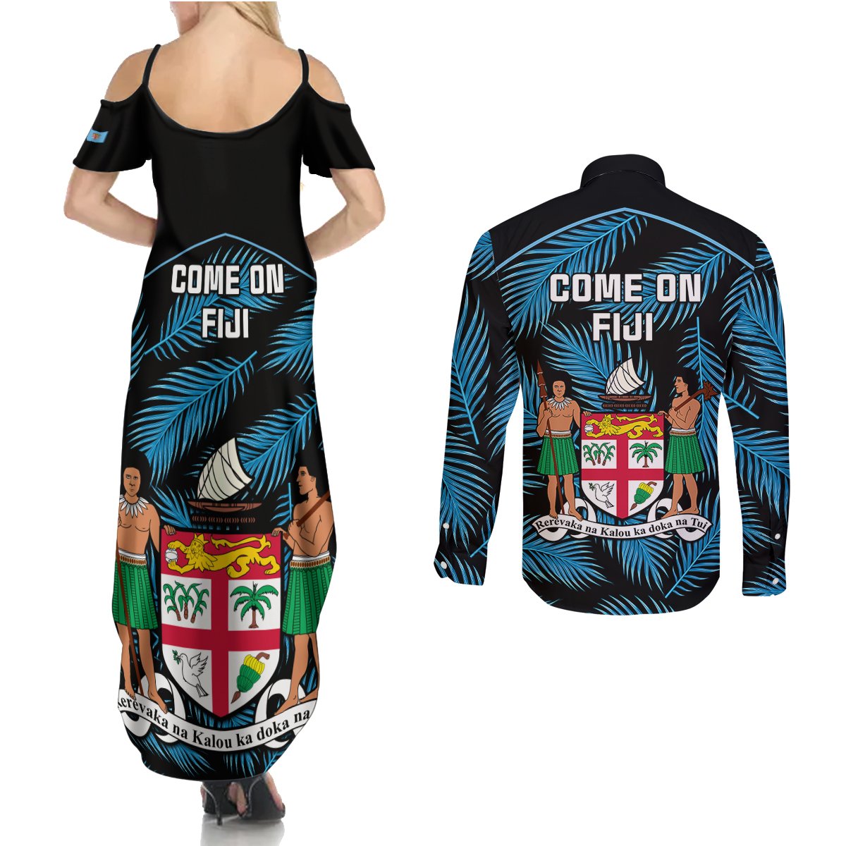 fiji-rugby-couples-matching-summer-maxi-dress-and-long-sleeve-button-shirts-flying-fijians-blue-palm-tree-version