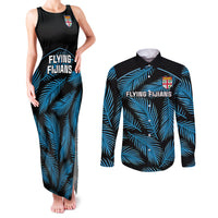 Fiji Rugby Couples Matching Tank Maxi Dress and Long Sleeve Button Shirts Flying Fijians Blue Palm Tree Version LT01 Black - Polynesian Pride