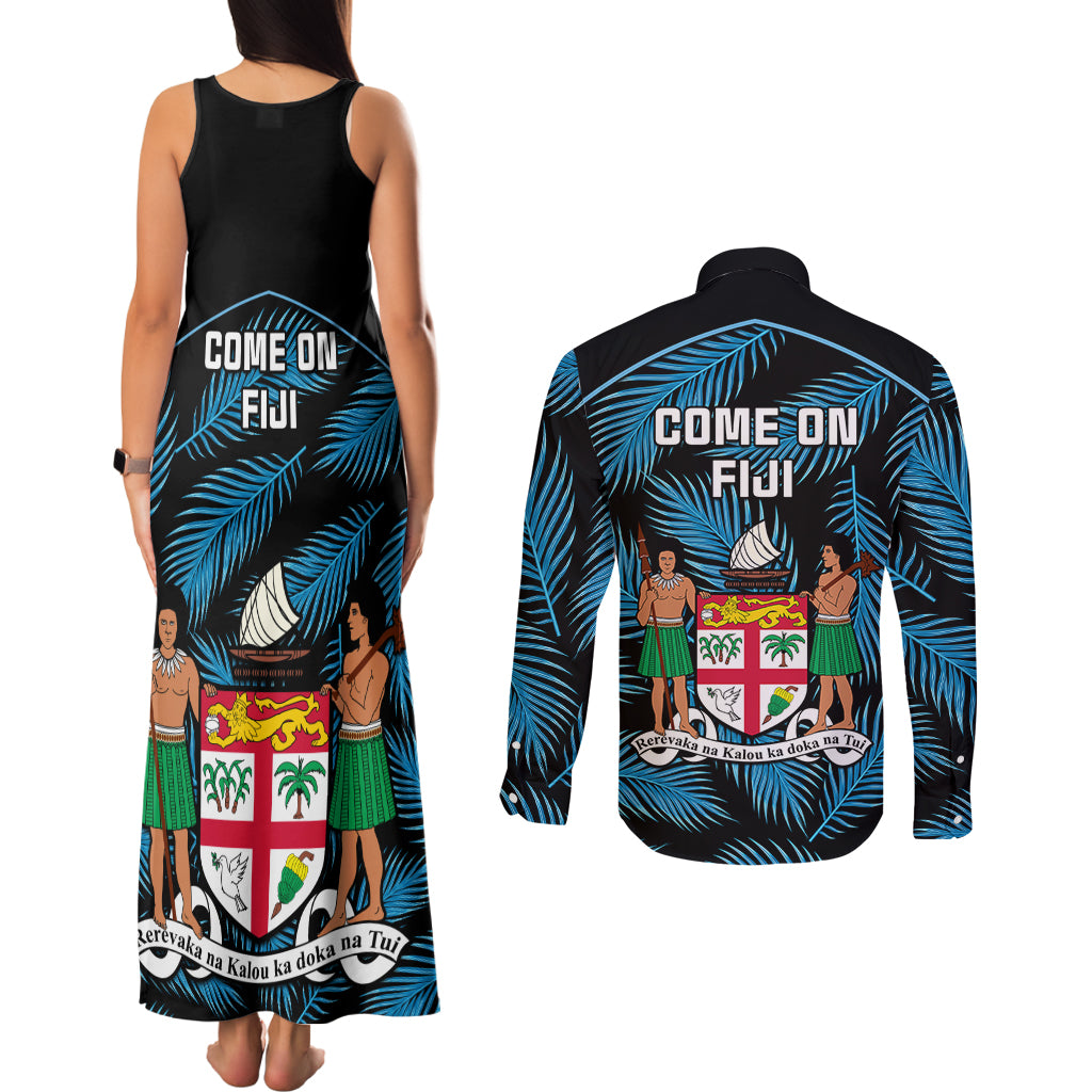 Fiji Rugby Couples Matching Tank Maxi Dress and Long Sleeve Button Shirts Flying Fijians Blue Palm Tree Version LT01 - Polynesian Pride