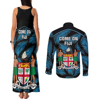 Fiji Rugby Couples Matching Tank Maxi Dress and Long Sleeve Button Shirts Flying Fijians Blue Palm Tree Version LT01 - Polynesian Pride
