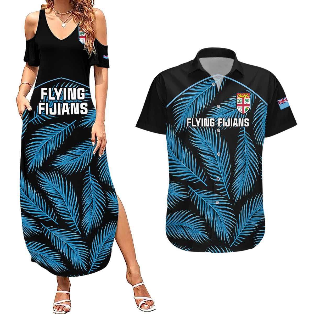 custom-fiji-rugby-couples-matching-summer-maxi-dress-and-hawaiian-shirt-flying-fijians-blue-palm-tree-version