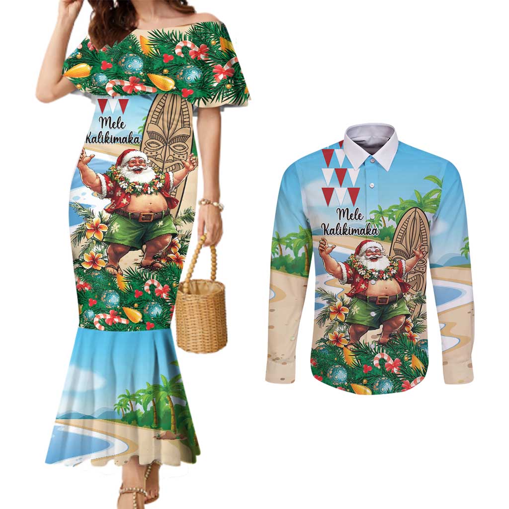 Hawaii Christmas Santa Claus Couples Matching Mermaid Dress and Long Sleeve Button Shirt Mele Kalikimaka Tropical Beach