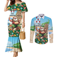 Hawaii Christmas Santa Claus Couples Matching Mermaid Dress and Long Sleeve Button Shirt Mele Kalikimaka Tropical Beach