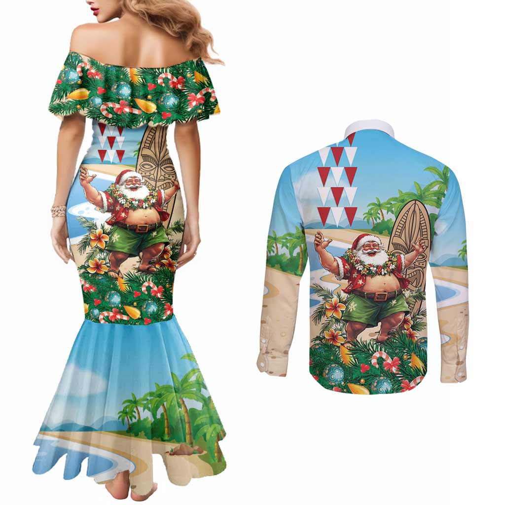 Hawaii Christmas Santa Claus Couples Matching Mermaid Dress and Long Sleeve Button Shirt Mele Kalikimaka Tropical Beach