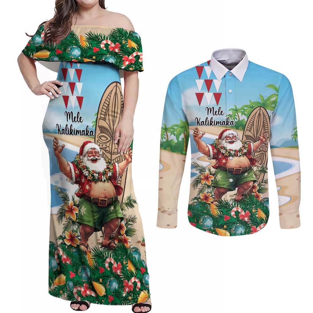 Hawaii Christmas Santa Claus Couples Matching Off Shoulder Maxi Dress and Long Sleeve Button Shirt Mele Kalikimaka Tropical Beach