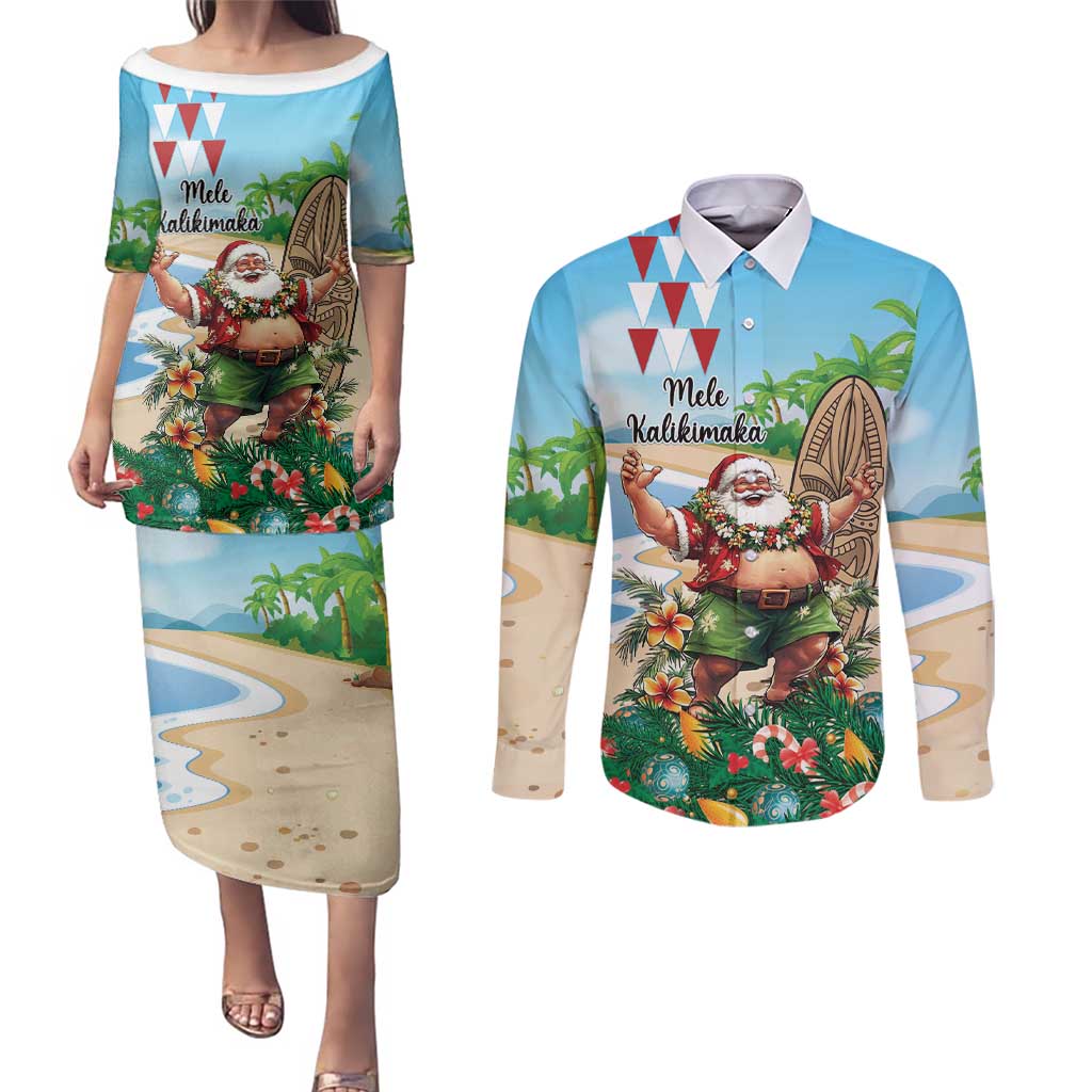 Hawaii Christmas Santa Claus Couples Matching Puletasi and Long Sleeve Button Shirt Mele Kalikimaka Tropical Beach