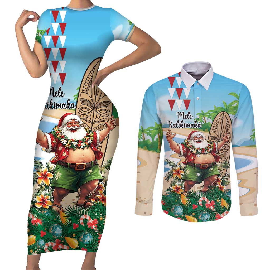 Hawaii Christmas Santa Claus Couples Matching Short Sleeve Bodycon Dress and Long Sleeve Button Shirt Mele Kalikimaka Tropical Beach
