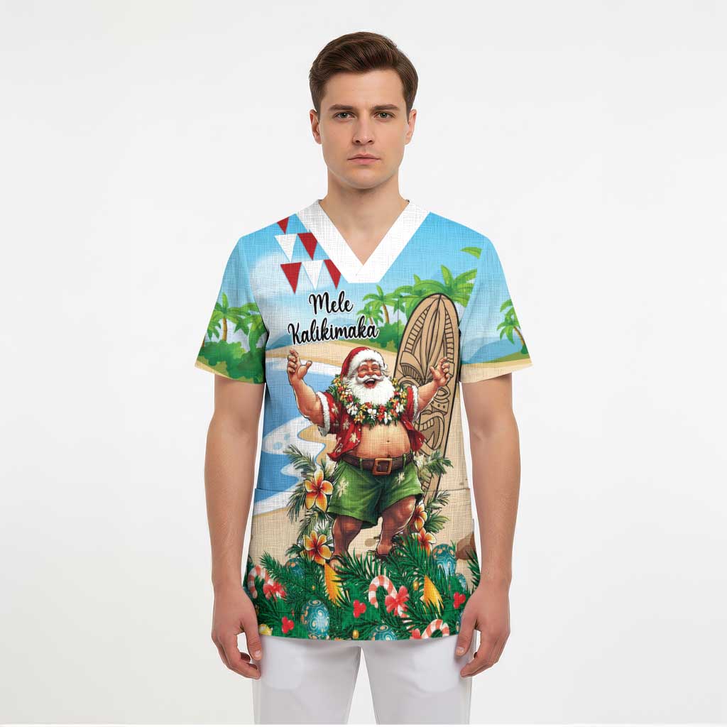 Hawaii Christmas Santa Claus Scrub Top Mele Kalikimaka Tropical Beach - Polynesian Pride
