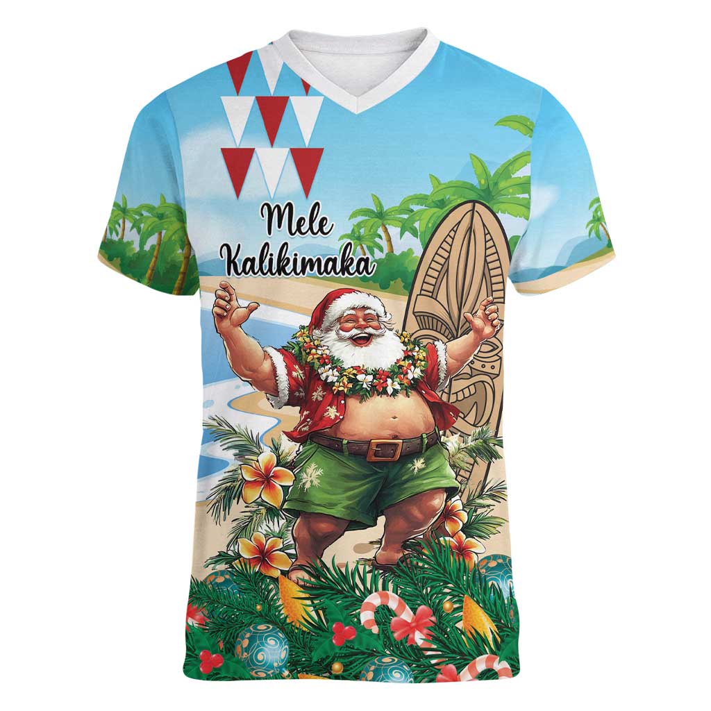 Hawaii Christmas Santa Claus Women V-Neck T-Shirt Mele Kalikimaka Tropical Beach