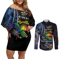 Personalised Polynesian Memorial Couples Matching Off Shoulder Short Dress and Long Sleeve Button Shirt As Long As I Breathe You'll Be Remembered