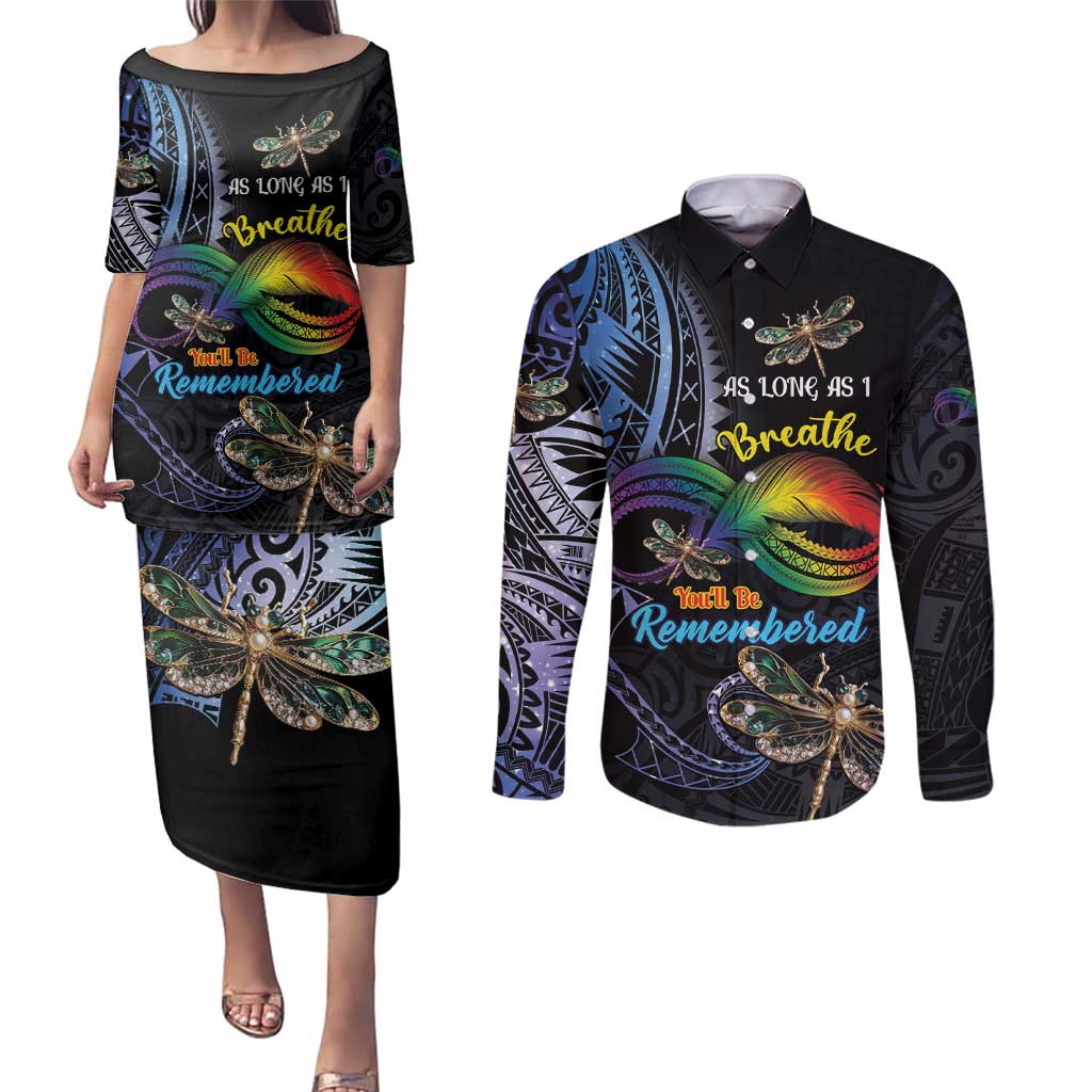 Personalised Polynesian Memorial Couples Matching Puletasi and Long Sleeve Button Shirt As Long As I Breathe You'll Be Remembered