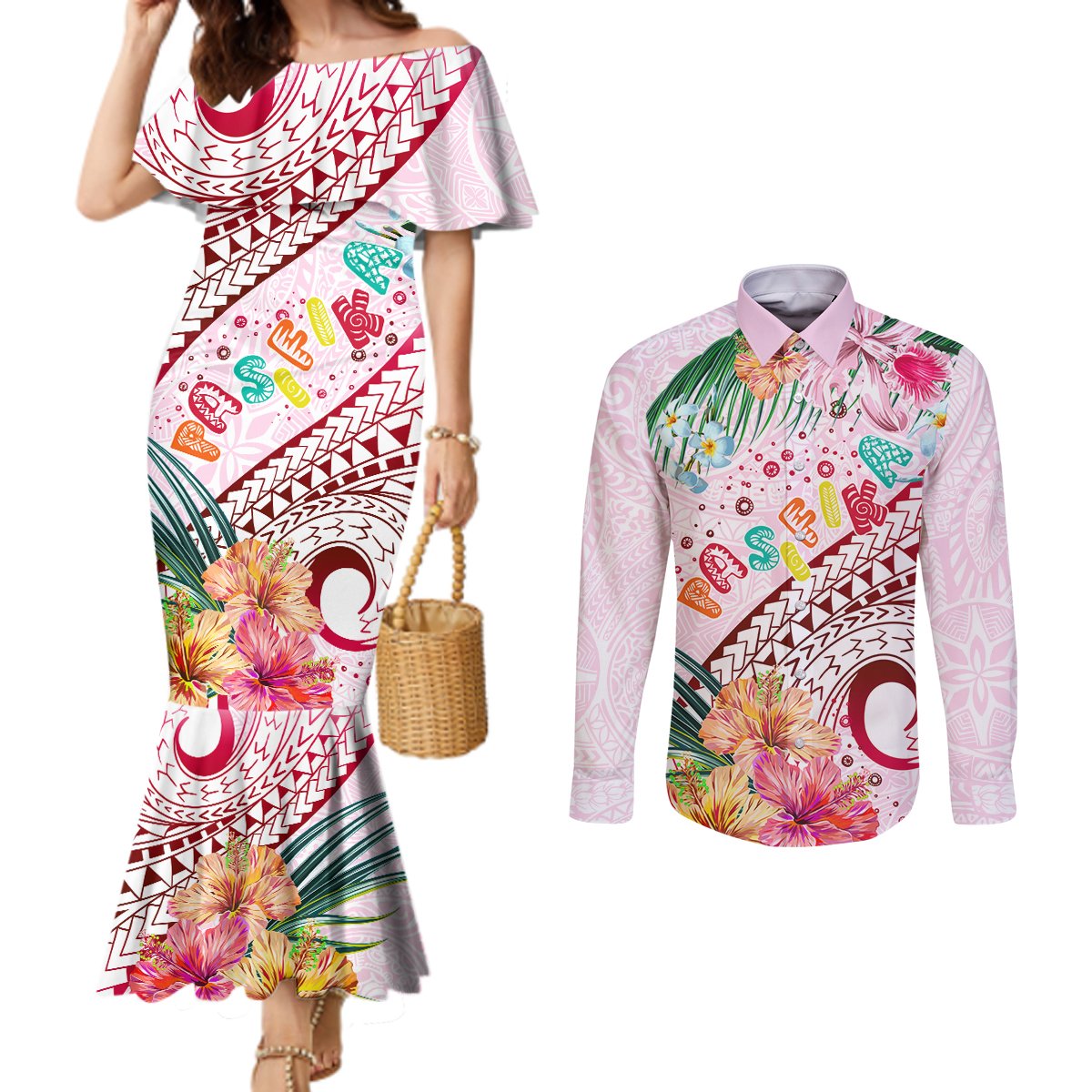 Pasifika Festival Couples Matching Mermaid Dress and Long Sleeve Button Shirt Tribal Pattern Tropical Style LT01 Pink - Polynesian Pride