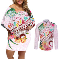 Pasifika Festival Couples Matching Off Shoulder Short Dress and Long Sleeve Button Shirt Tribal Pattern Tropical Style LT01 Pink - Polynesian Pride