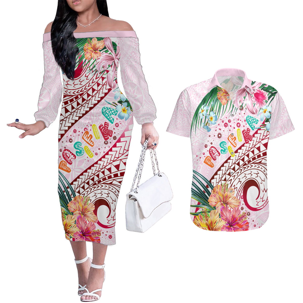 Pasifika Festival Couples Matching Off The Shoulder Long Sleeve Dress and Hawaiian Shirt Tribal Pattern Tropical Style LT01 Pink - Polynesian Pride