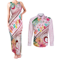 Pasifika Festival Couples Matching Tank Maxi Dress and Long Sleeve Button Shirt Tribal Pattern Tropical Style LT01 Pink - Polynesian Pride