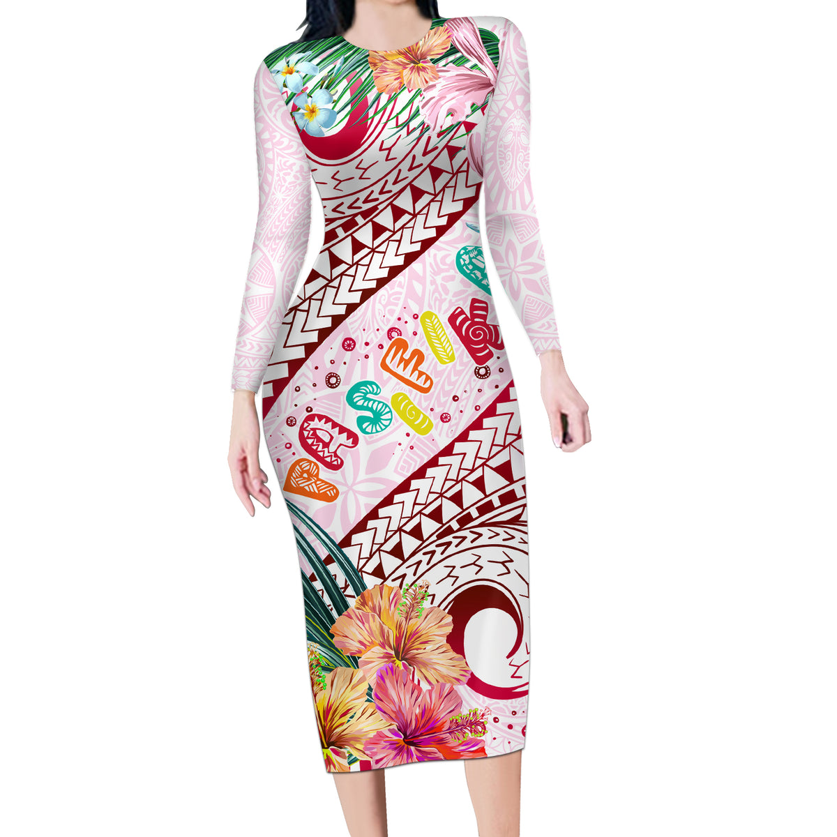 Pasifika Festival Long Sleeve Bodycon Dress Tribal Pattern Tropical Style LT01 Long Dress Pink - Polynesian Pride