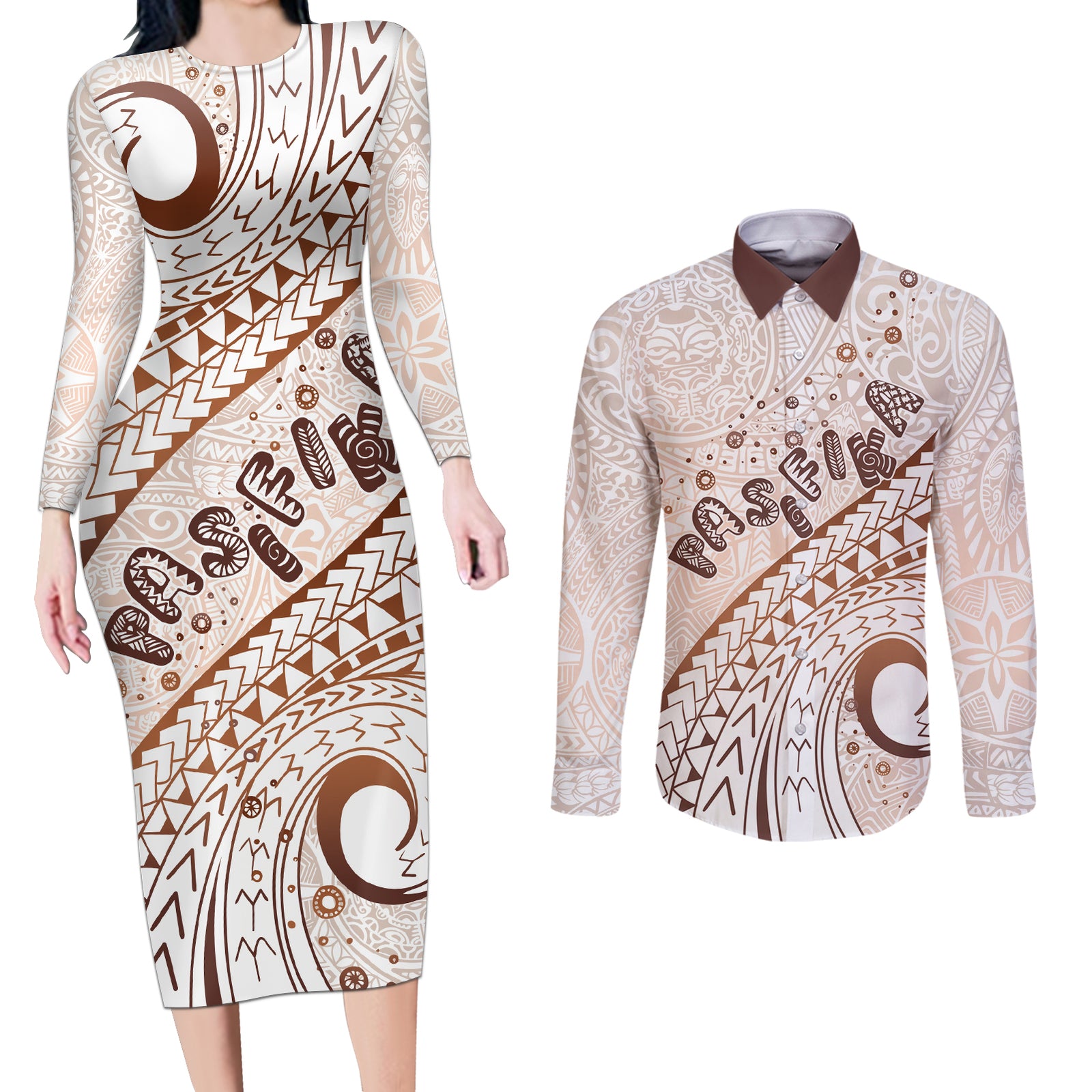 Pasifika Festival Couples Matching Long Sleeve Bodycon Dress and Long Sleeve Button Shirt Vintage Tribal Pattern LT01 Brown - Polynesian Pride