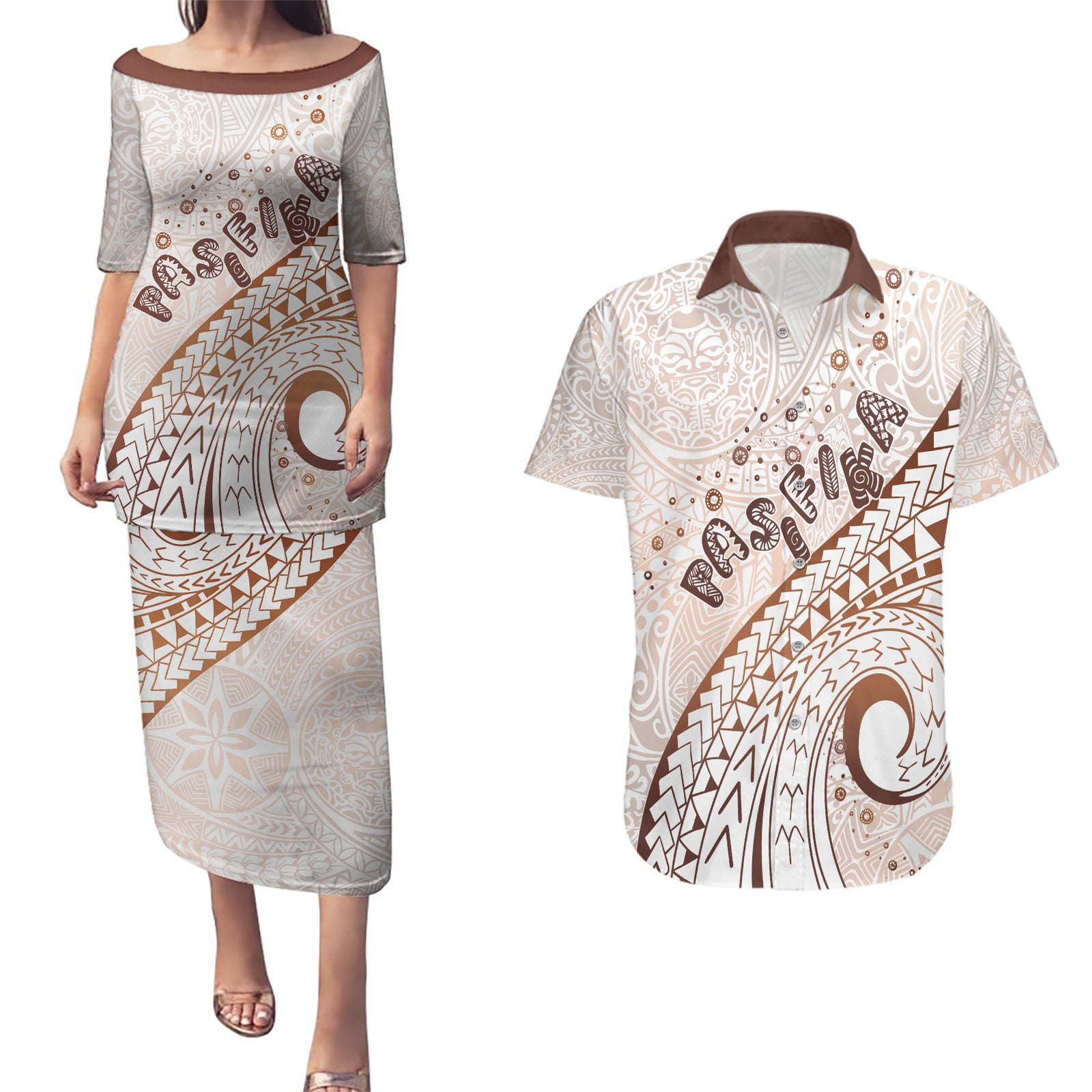 Pasifika Festival Couples Matching Puletasi and Hawaiian Shirt Vintage Tribal Pattern LT01 Brown - Polynesian Pride