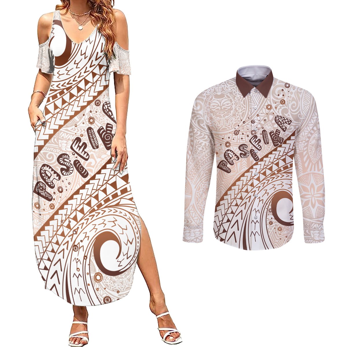 Pasifika Festival Couples Matching Summer Maxi Dress and Long Sleeve Button Shirt Vintage Tribal Pattern LT01 Brown - Polynesian Pride