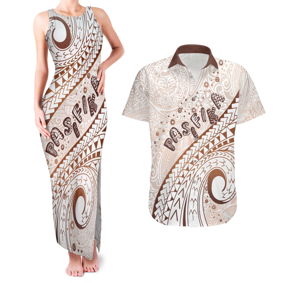 Pasifika Festival Couples Matching Tank Maxi Dress and Hawaiian Shirt Vintage Tribal Pattern LT01 Brown - Polynesian Pride
