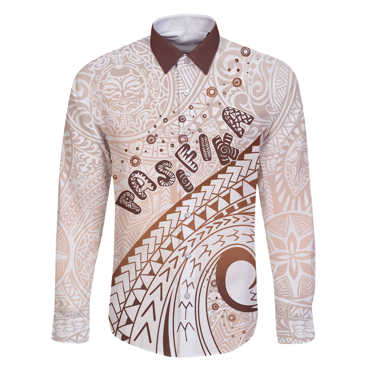 Pasifika Festival Family Matching Off Shoulder Long Sleeve Dress and Hawaiian Shirt Vintage Tribal Pattern LT01 Dad's Shirt - Long Sleeve Brown - Polynesian Pride