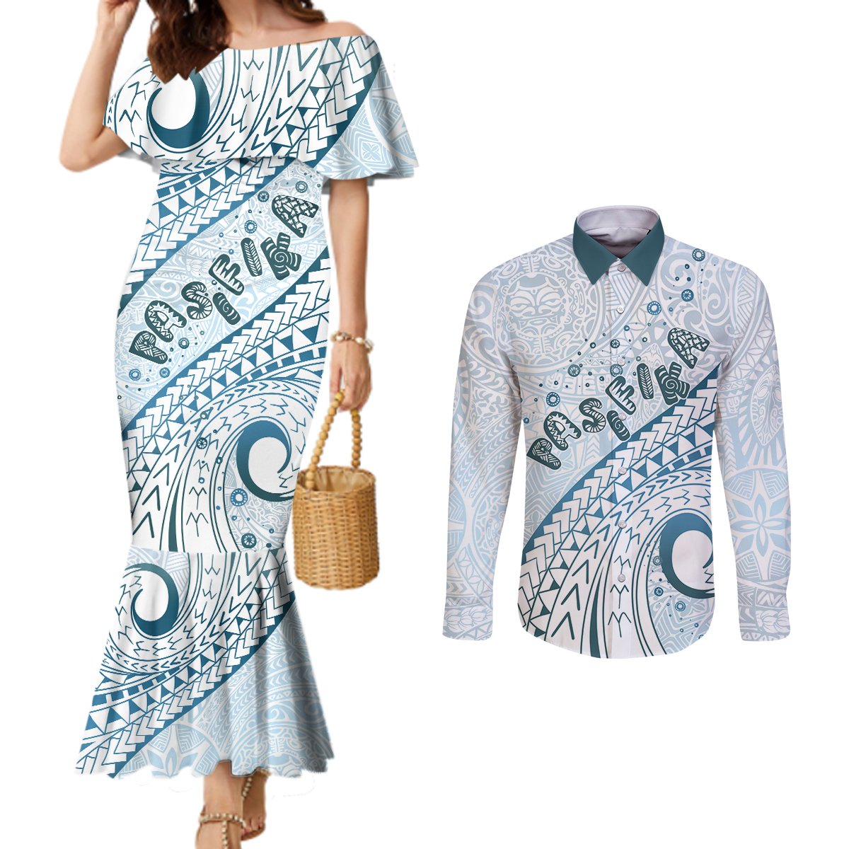 Pasifika Festival Couples Matching Mermaid Dress and Long Sleeve Button Shirt Tribal Pattern Blue Version LT01 Blue - Polynesian Pride