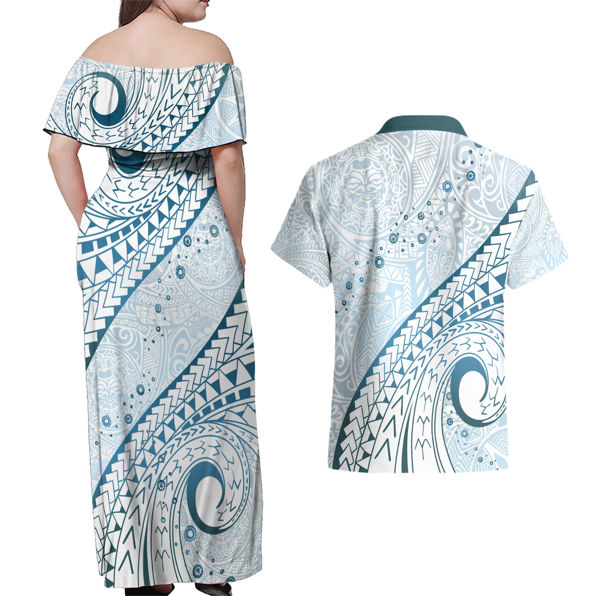 Pasifika Festival Couples Matching Off Shoulder Maxi Dress and Hawaiian Shirt Tribal Pattern Blue Version LT01 - Polynesian Pride
