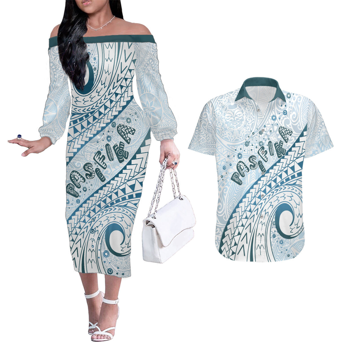 Pasifika Festival Couples Matching Off The Shoulder Long Sleeve Dress and Hawaiian Shirt Tribal Pattern Blue Version LT01 Blue - Polynesian Pride