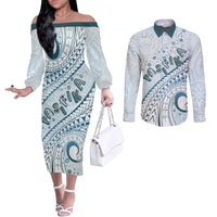 Pasifika Festival Couples Matching Off The Shoulder Long Sleeve Dress and Long Sleeve Button Shirt Tribal Pattern Blue Version LT01 Blue - Polynesian Pride