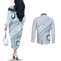 Pasifika Festival Couples Matching Off The Shoulder Long Sleeve Dress and Long Sleeve Button Shirt Tribal Pattern Blue Version LT01 - Polynesian Pride