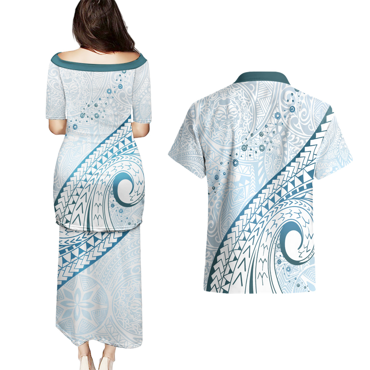 Pasifika Festival Couples Matching Puletasi and Hawaiian Shirt Tribal Pattern Blue Version LT01 - Polynesian Pride
