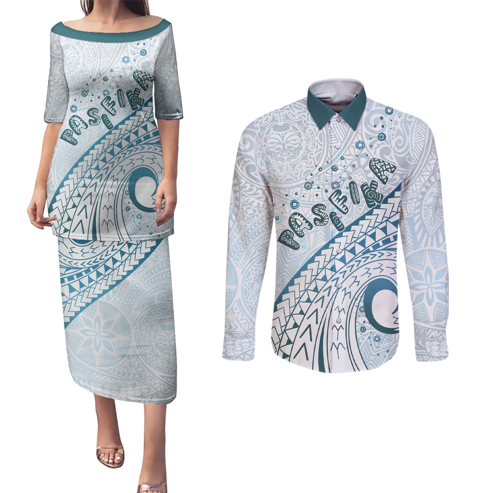 Pasifika Festival Couples Matching Puletasi and Long Sleeve Button Shirt Tribal Pattern Blue Version LT01 Blue - Polynesian Pride
