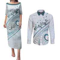 Pasifika Festival Couples Matching Puletasi and Long Sleeve Button Shirt Tribal Pattern Blue Version LT01 Blue - Polynesian Pride
