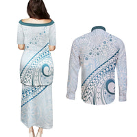 Pasifika Festival Couples Matching Puletasi and Long Sleeve Button Shirt Tribal Pattern Blue Version LT01 - Polynesian Pride