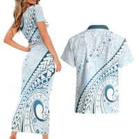 Pasifika Festival Couples Matching Short Sleeve Bodycon Dress and Hawaiian Shirt Tribal Pattern Blue Version LT01 - Polynesian Pride