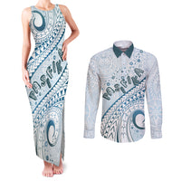Pasifika Festival Couples Matching Tank Maxi Dress and Long Sleeve Button Shirt Tribal Pattern Blue Version LT01 Blue - Polynesian Pride
