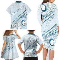 Pasifika Festival Family Matching Long Sleeve Bodycon Dress and Hawaiian Shirt Tribal Pattern Blue Version LT01 - Polynesian Pride