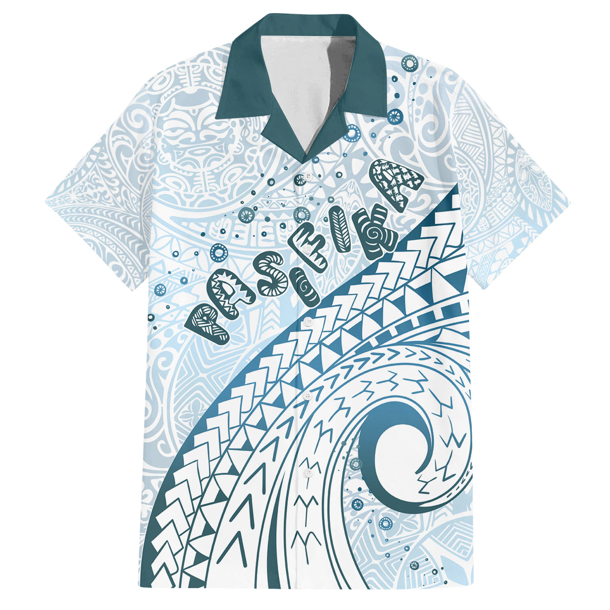 Pasifika Festival Family Matching Summer Maxi Dress and Hawaiian Shirt Tribal Pattern Blue Version LT01 Dad's Shirt - Short Sleeve Blue - Polynesian Pride