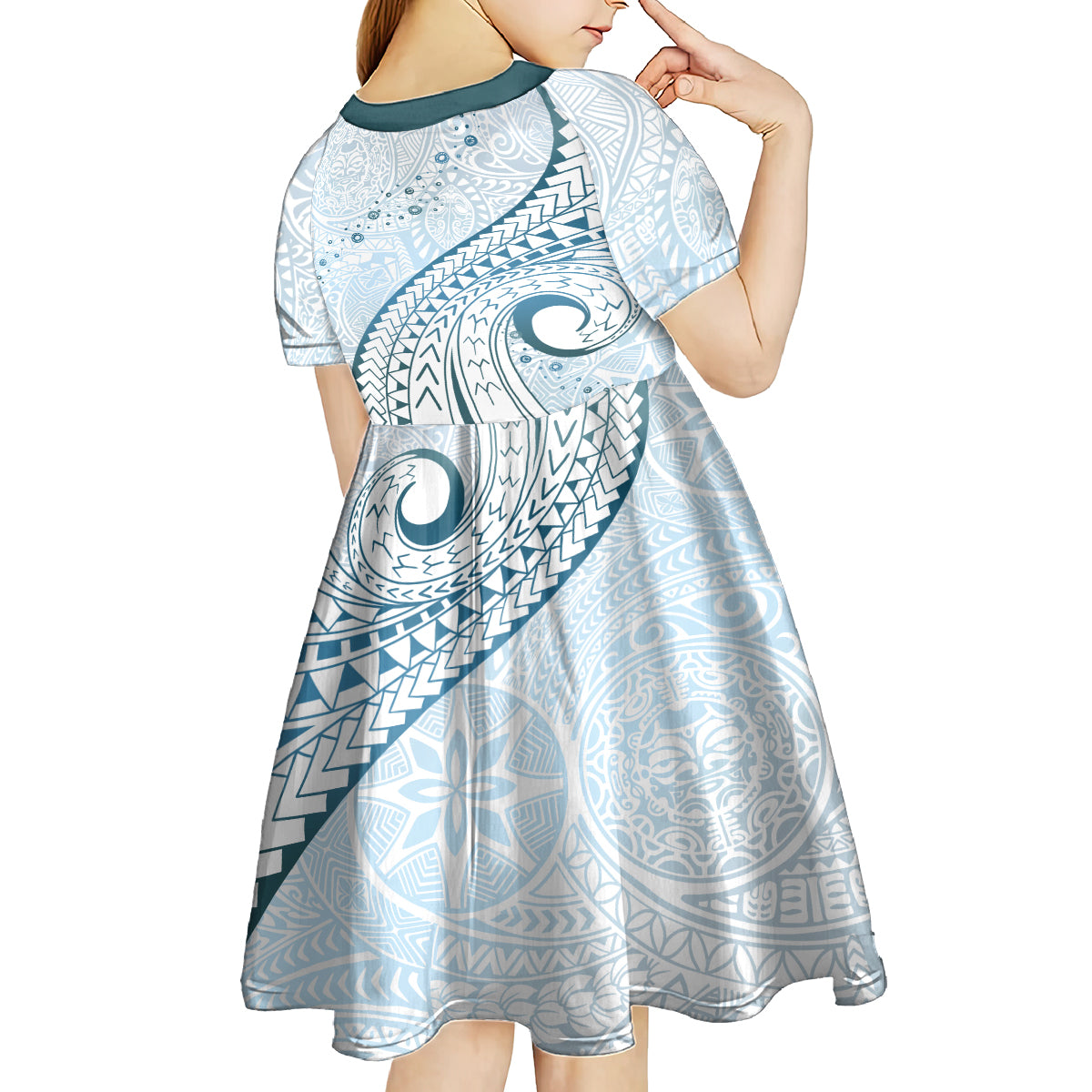 Pasifika Festival Kid Short Sleeve Dress Tribal Pattern Blue Version LT01 - Polynesian Pride