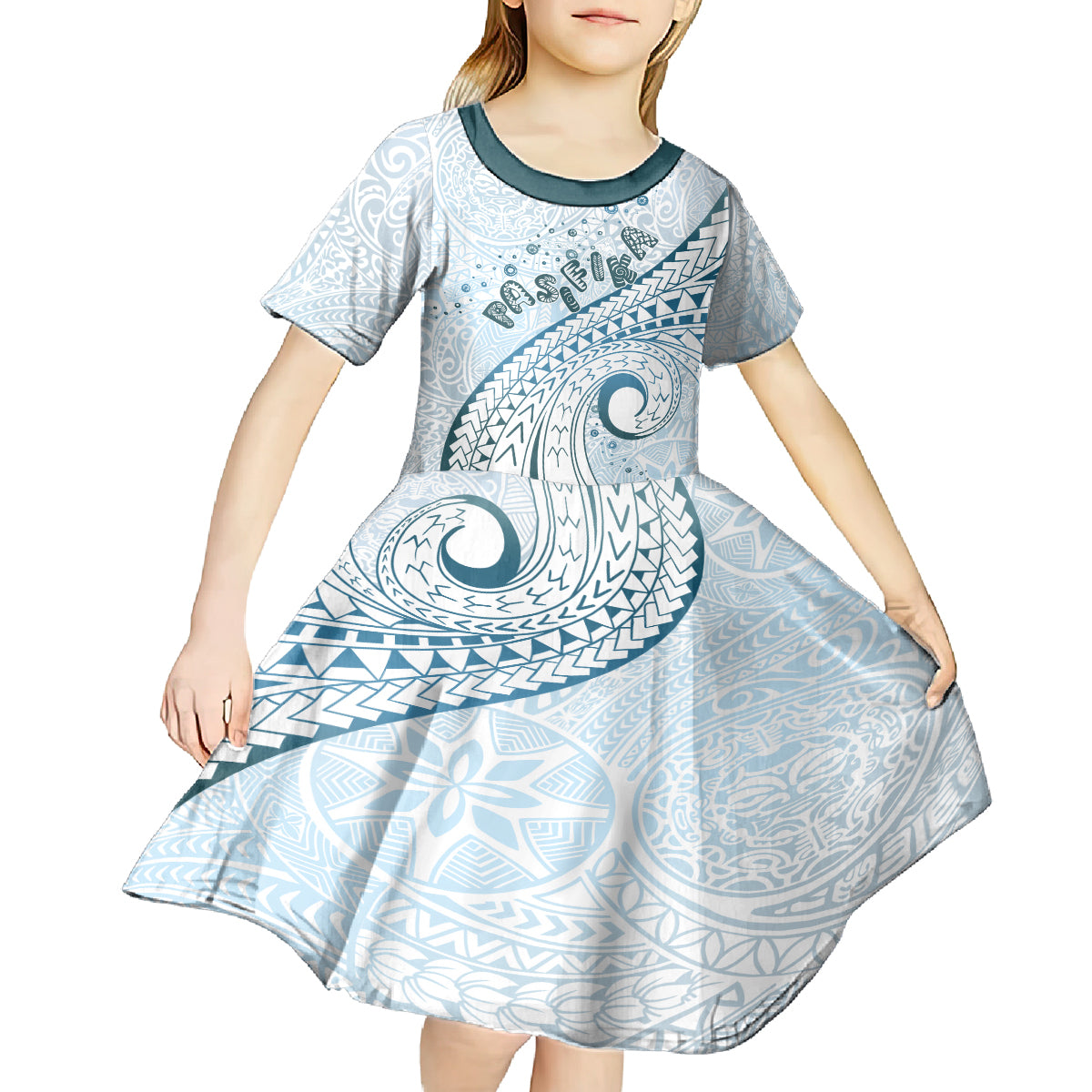 Pasifika Festival Kid Short Sleeve Dress Tribal Pattern Blue Version LT01 - Polynesian Pride