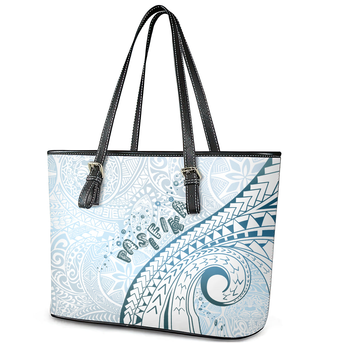 Pasifika Festival Leather Tote Bag Tribal Pattern Blue Version