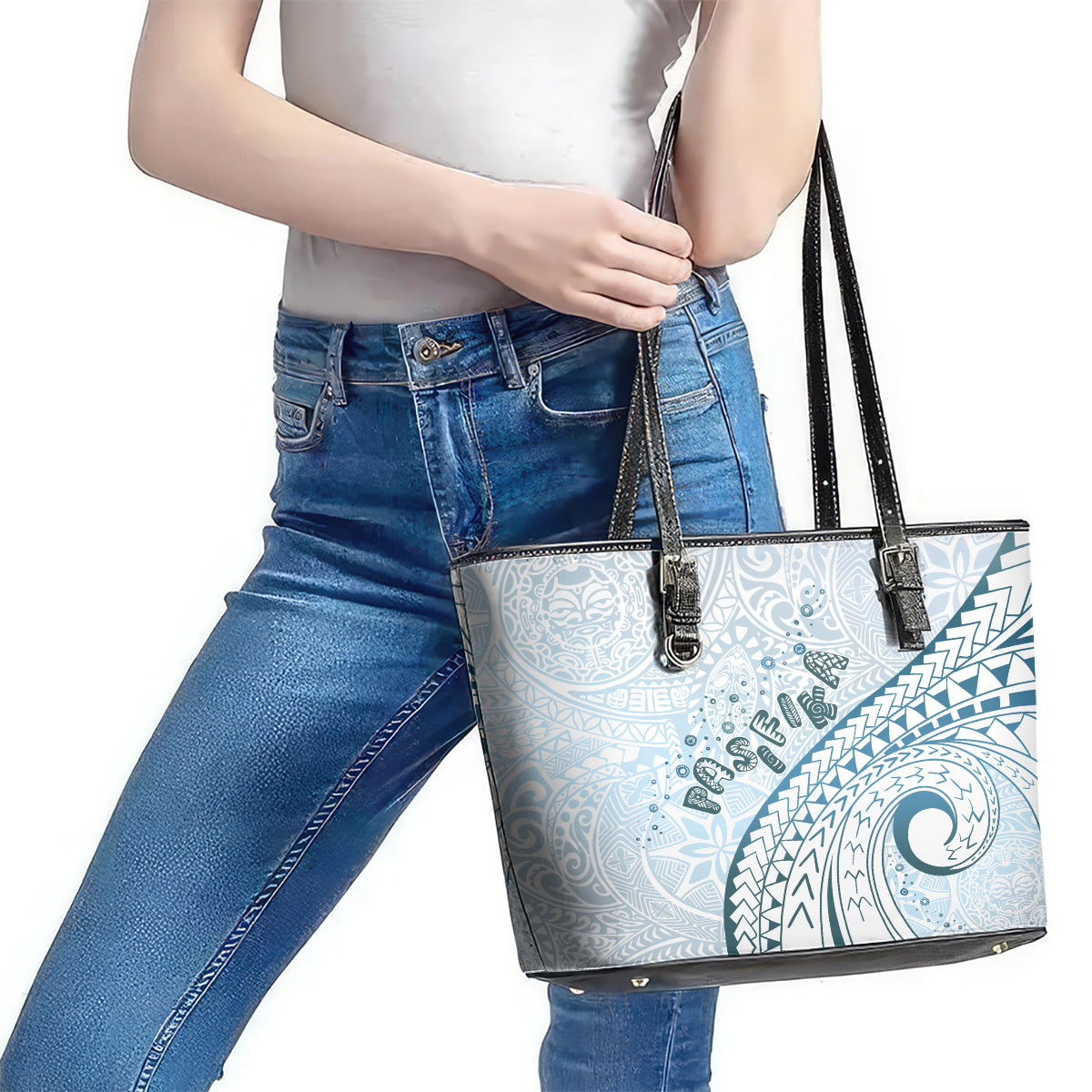 Pasifika Festival Leather Tote Bag Tribal Pattern Blue Version