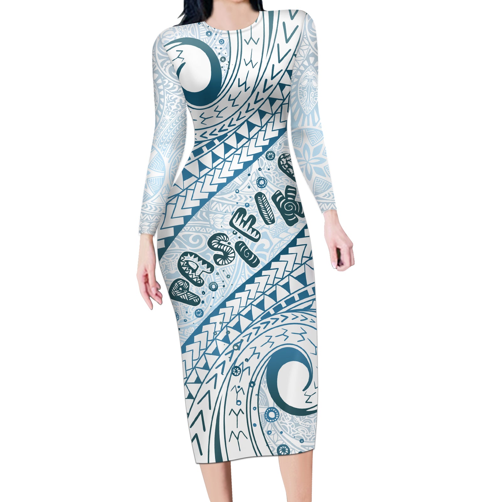 Pasifika Festival Long Sleeve Bodycon Dress Tribal Pattern Blue Version LT01 Long Dress Blue - Polynesian Pride