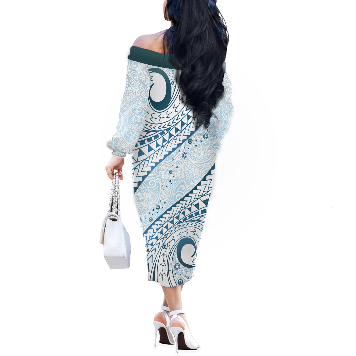 Pasifika Festival Off The Shoulder Long Sleeve Dress Tribal Pattern Blue Version LT01 - Polynesian Pride
