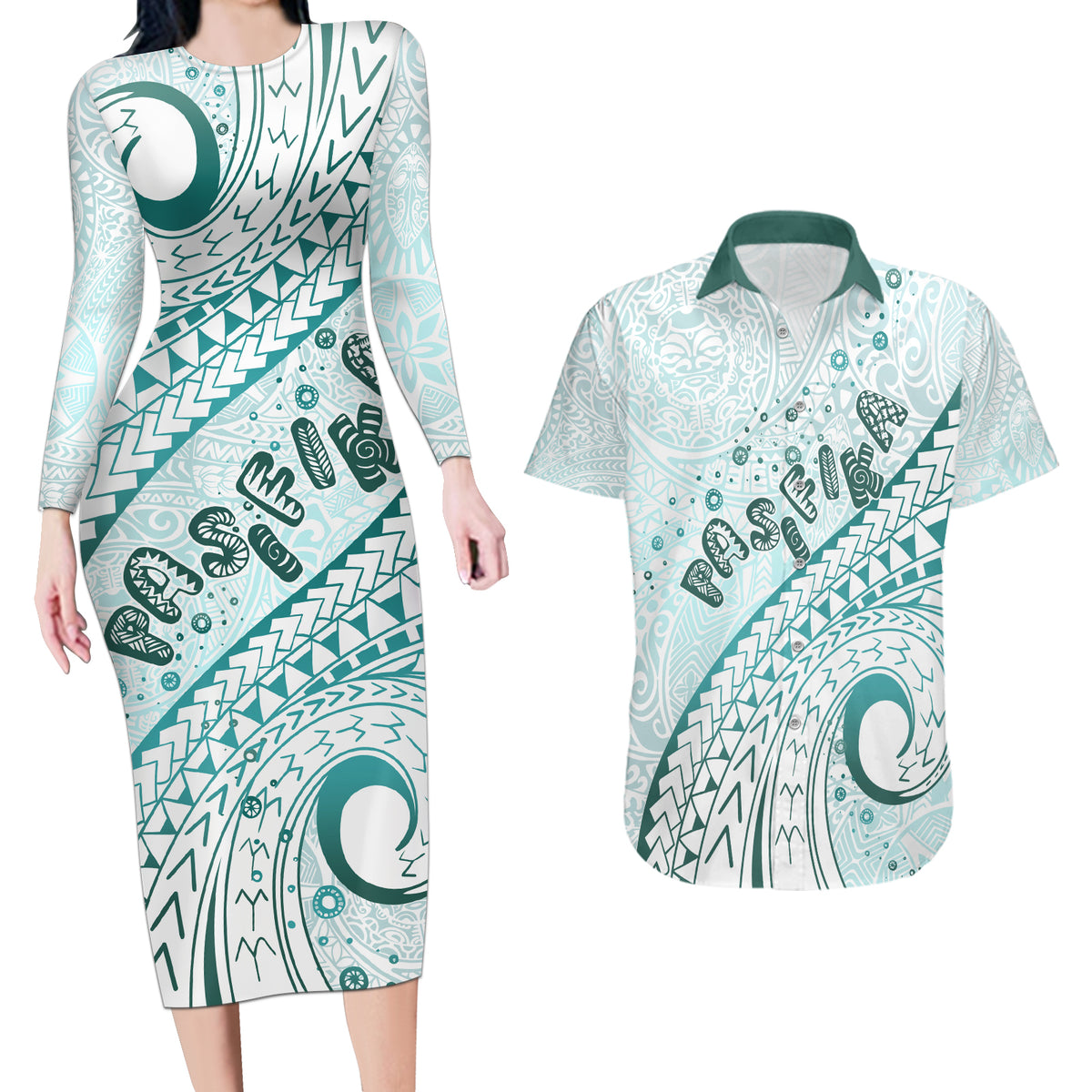 Pasifika Festival Couples Matching Long Sleeve Bodycon Dress and Hawaiian Shirt Tribal Pattern Teal Version LT01 Teal - Polynesian Pride