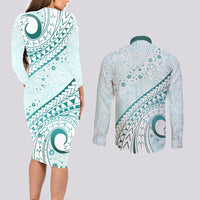 Pasifika Festival Couples Matching Long Sleeve Bodycon Dress and Long Sleeve Button Shirt Tribal Pattern Teal Version LT01 - Polynesian Pride